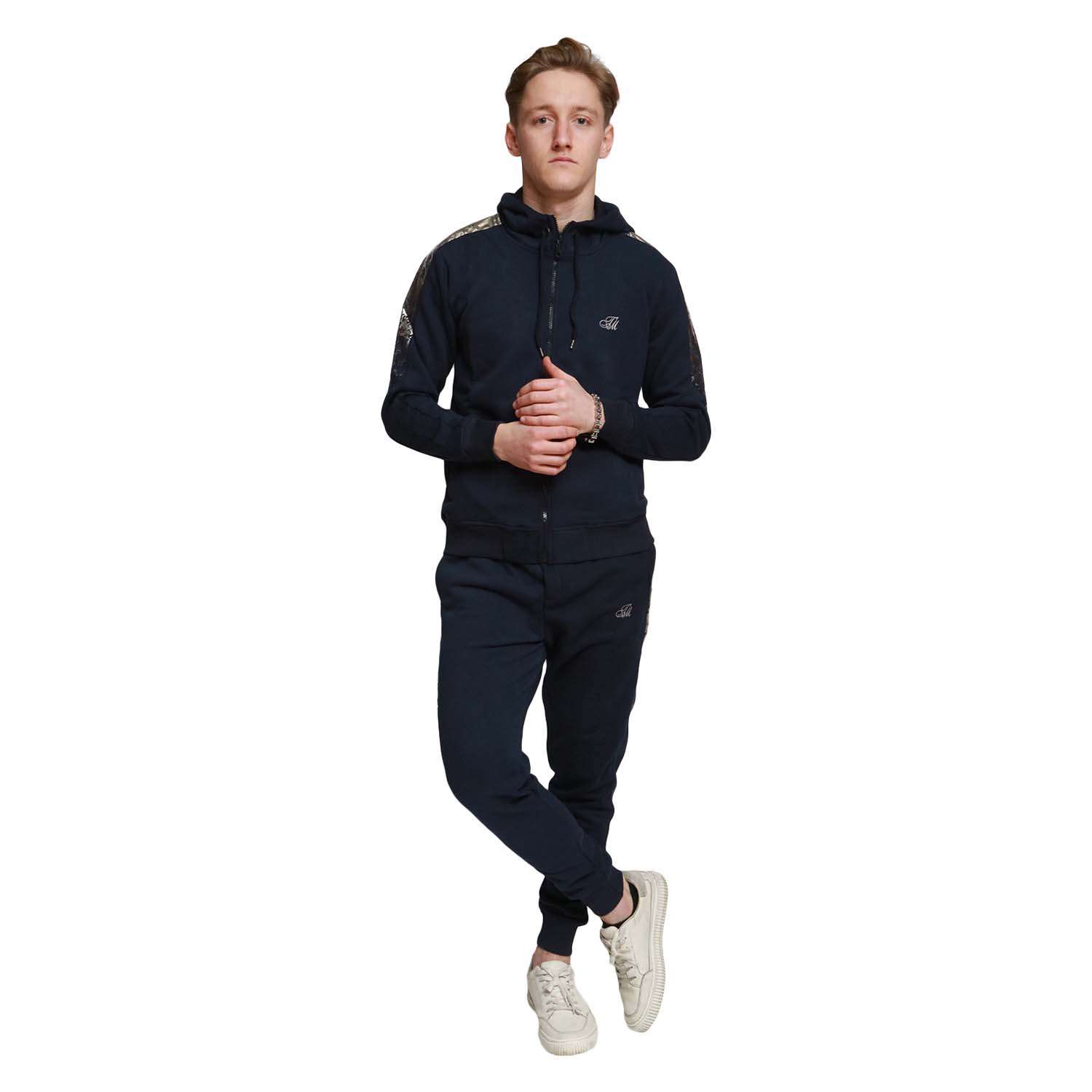 Navy New Mens Time Is Money Foil Fade Full Tracksuit Zip Up Hoodie Joggers 2pcs Set
