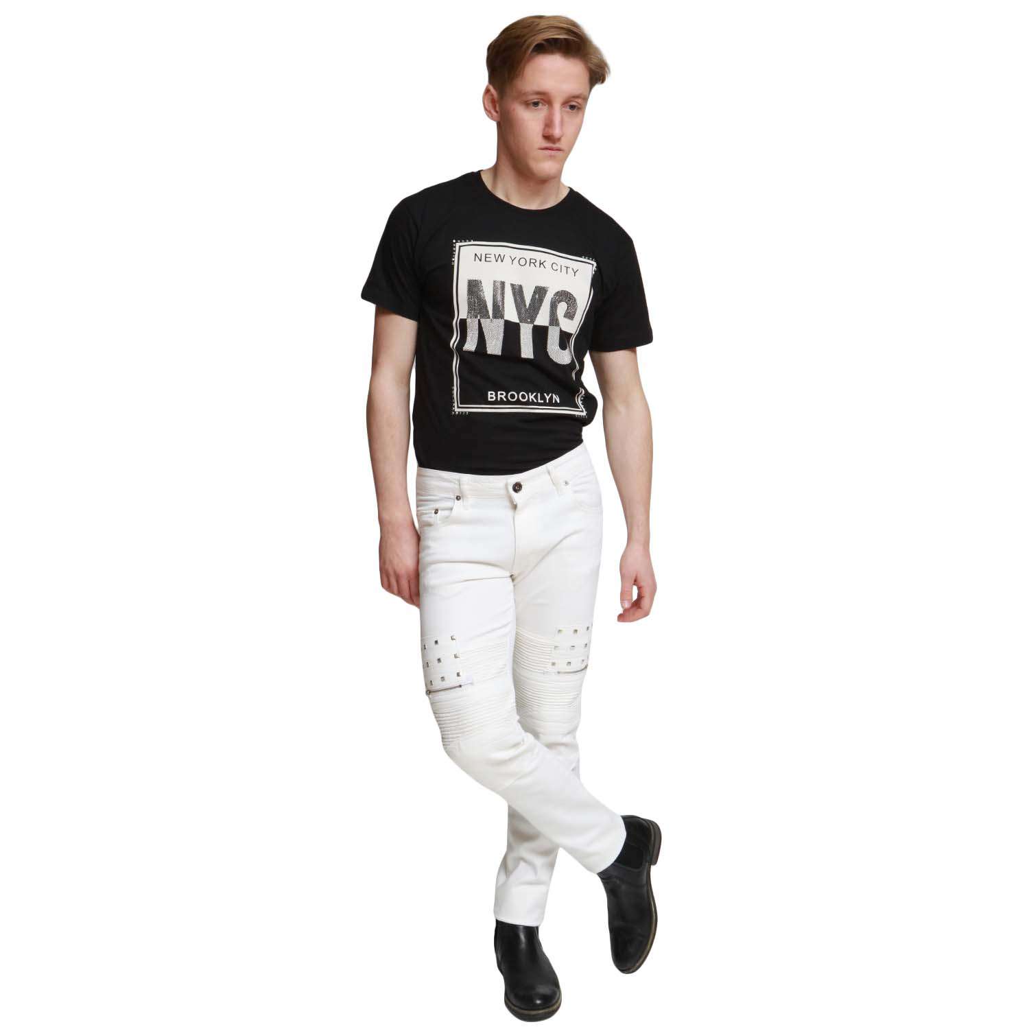 White Mens Slim Fit Designer Zipped Denim Stretch Trousers Pants Distressed Biker Jean