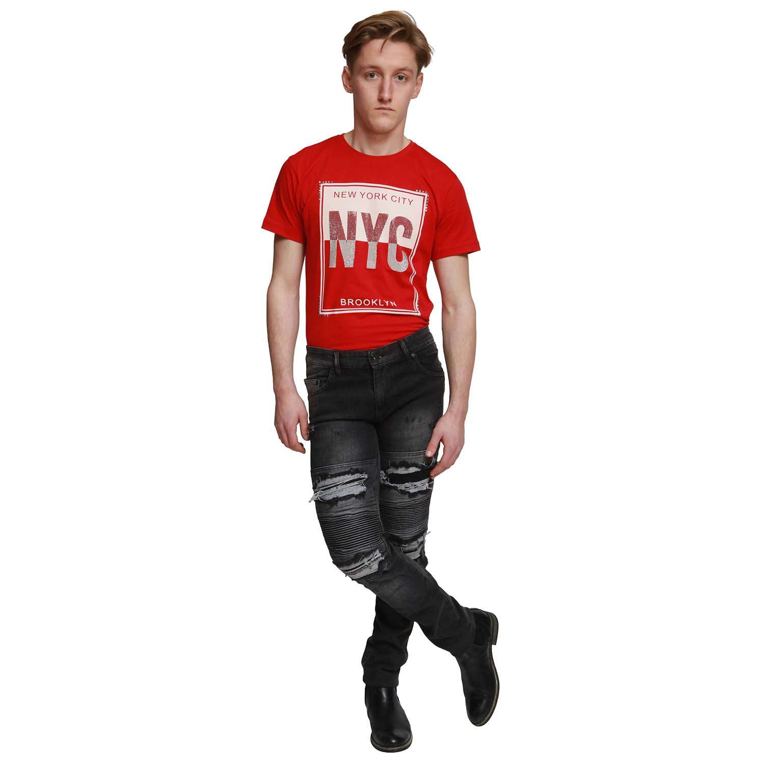 Mens Grey Denim King Slim Fit Ripped Distressed Stretchy Casual Biker Denim Jean