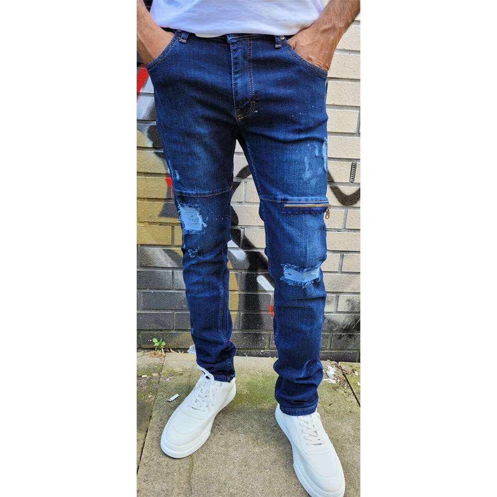New Slim Fit Jeans Patchwork Paint Splatter Distressed Ripped Biker Denim Jeans