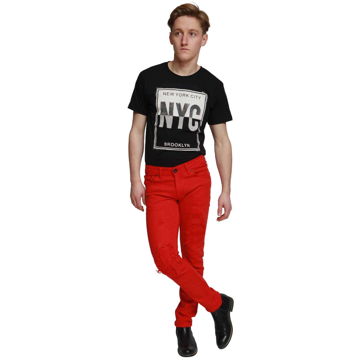 Mens RED Denim King Slim Fit Ripped Distressed Stretchy Casual Biker Denim Jean