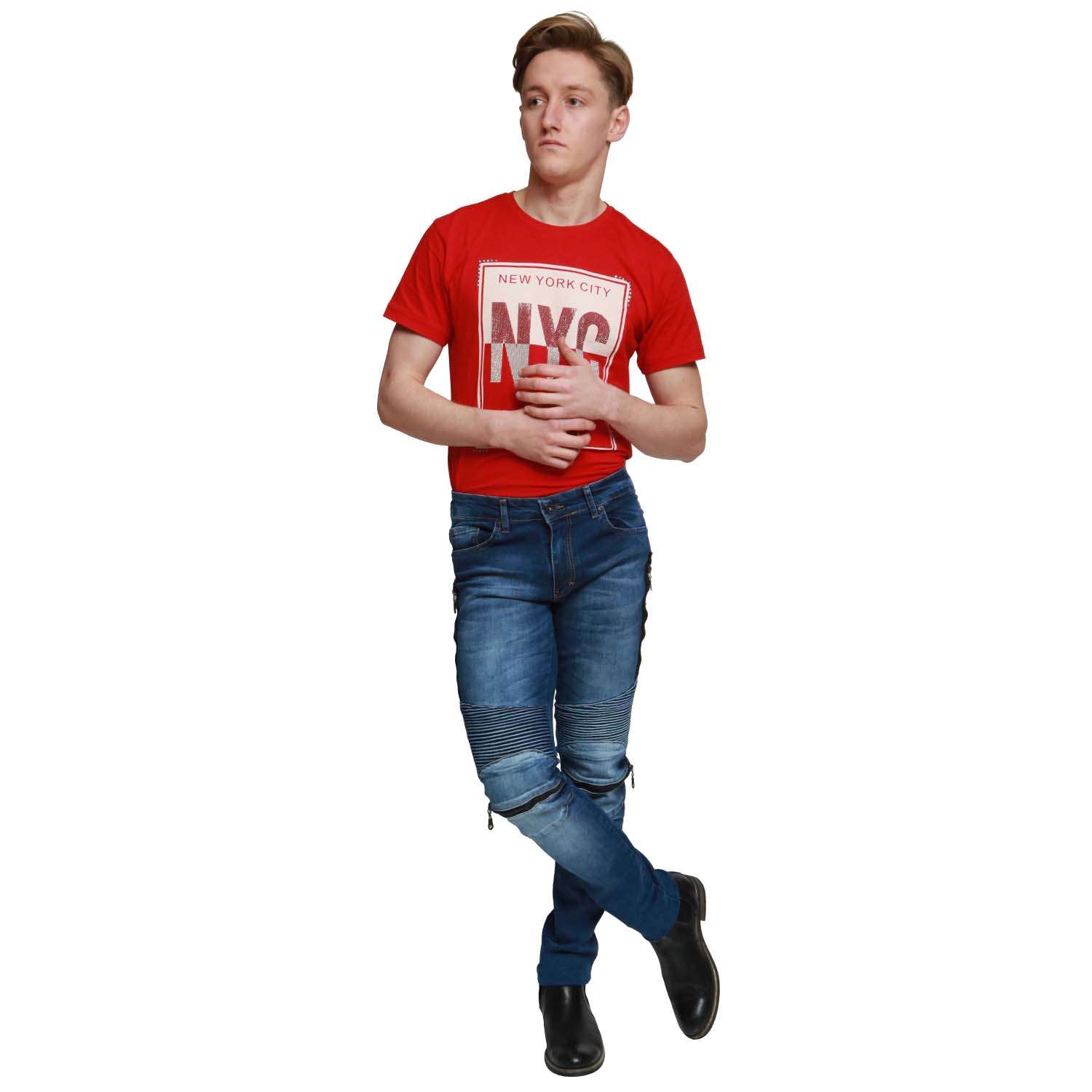 Mens Slim Fit Designer Zipped Denim Stretch Trousers Pants Distressed Biker Jean Dark Blue